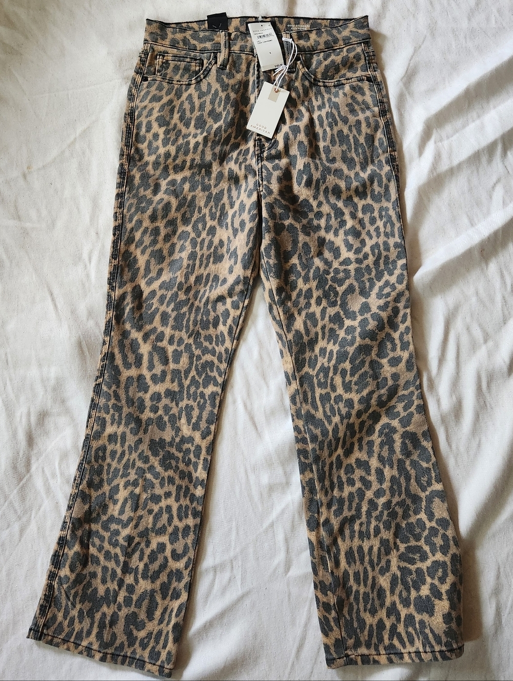 Good American Leopard Print Kick Flare Jeans High Rise NWT Size 8